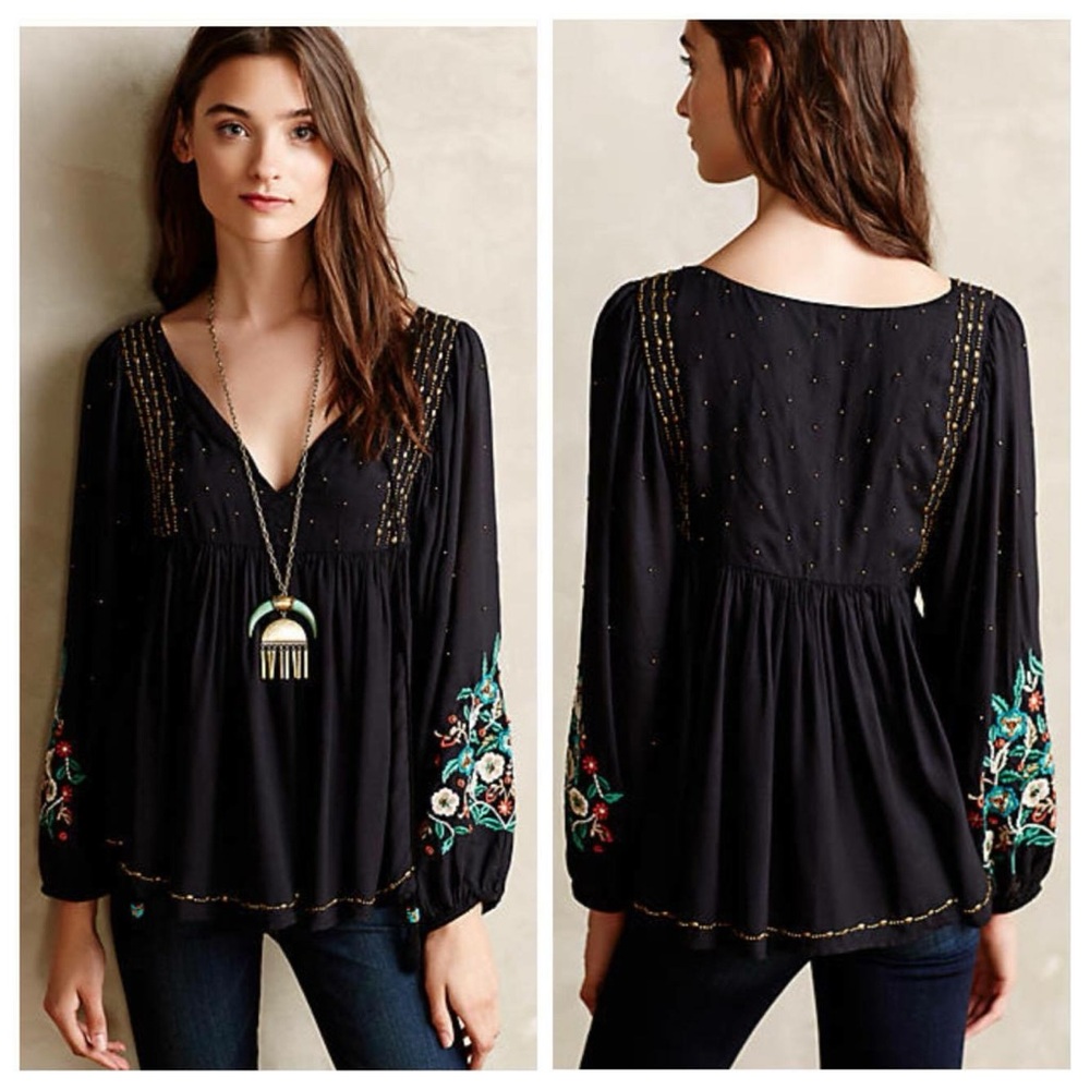 Embroidered Black Boho Blouse